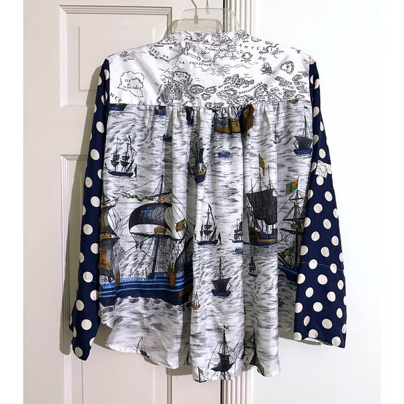 La Prestic Ouiston Jeanne Ship Map Swirl Print Silk Top Blouse Patchwork 1 Small - Picture 7 of 15